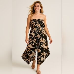 Mahina Strapless Black & Tan Tropical Palm Print Romper Jumpsuit Resort Floral